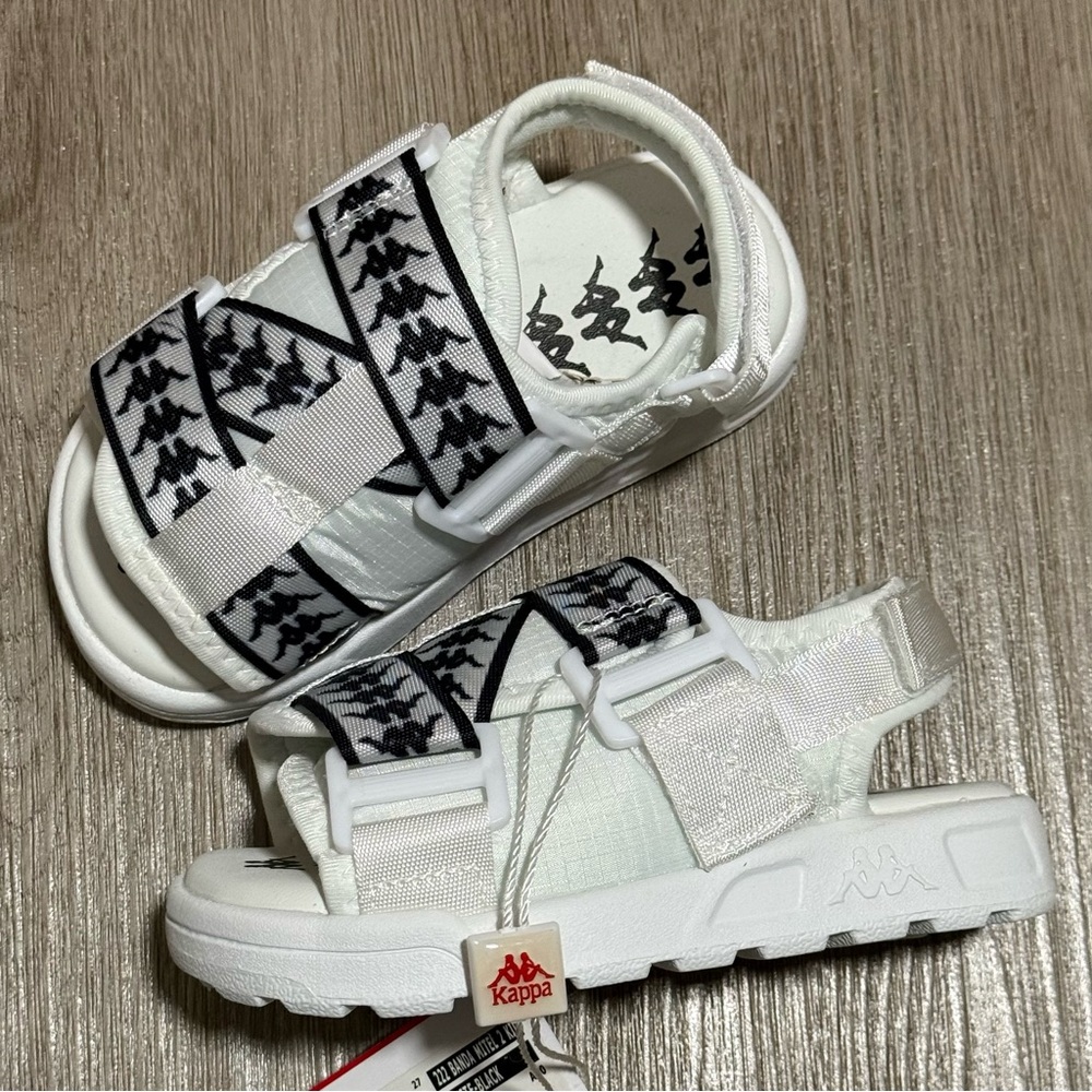 Kappa 222 Banda Mitel 2 Sandals Slides White Black Kids Toddler Size 10 New